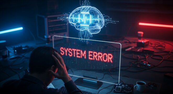 A frustrated programmer experiencing system error in a dark room