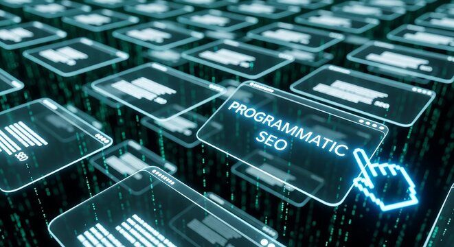 A futuristic digital interface with programmatic SEO concept