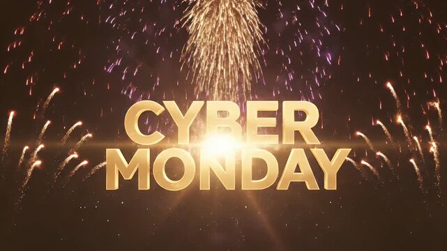 A golden cyber monday text display set against a background of sparkling celebratory fireworks