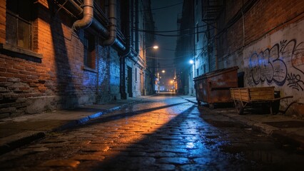 Fototapeta premium A moody, rain-soaked urban alley at twilight, reflecting vibrant streetlights on its wet cobblestones, creating a gritty and mysterious city scene