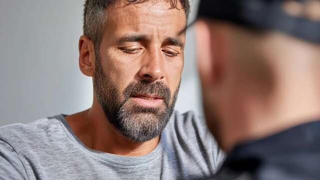 Distressed man hiding his face with his hands during an interrogation with a police officer.