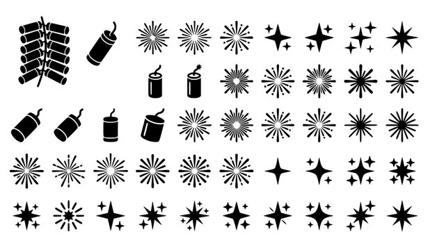 Firework icon set with firecracker, petard, and stars black silhouette vector illustration