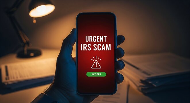 A hand holding a smartphone with an IRS scam alert on the screen in a dark room