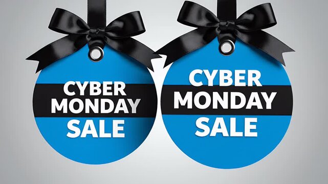 Two blue circular price tags with black ribbons promoting a big cyber monday sale event for online shoppers