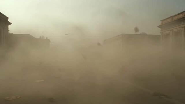 Dramatic explosion scene with flying debris and intense dust cloud engulfing a street, perfect for disaster or action movie visual effects