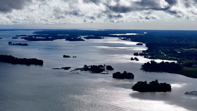 Aerial view of lush islands and blue water in the 1000 Islands region, St. Lawrence River, Canada. g