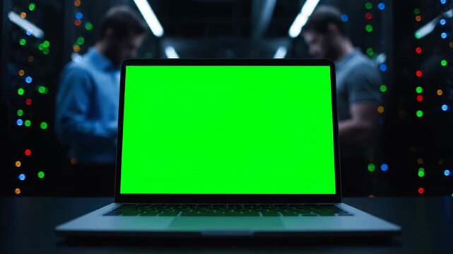 Green Screen Laptop in Server Room with IT Professionals with Data Center.