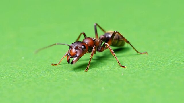 Macro photograph of a red ant with its jaws open against a bright green background