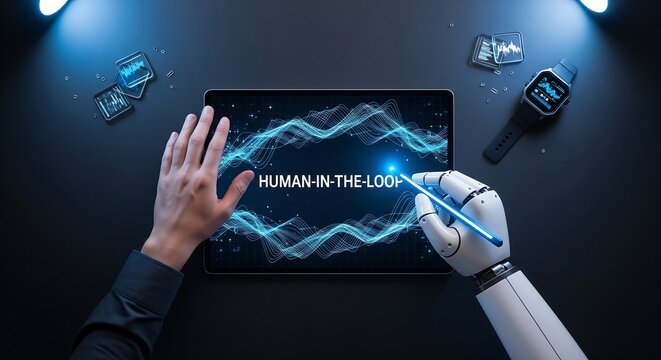 A robotic arm and human hand interacting with a digital tablet displaying human-in-the-loop concept