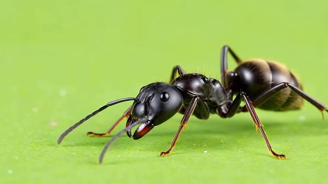 Close-up Macro Photography of a Black Ant with Detailed Features on a Vibrant Green Background