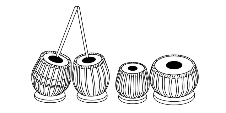 A simple black and white line drawing depicting a set of traditional indian tabla drums icons Vector, illustration