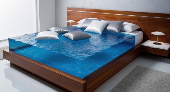 Surreal Water Bed with Floating Pillows, Dreamlike Aquatic Comfort Concept