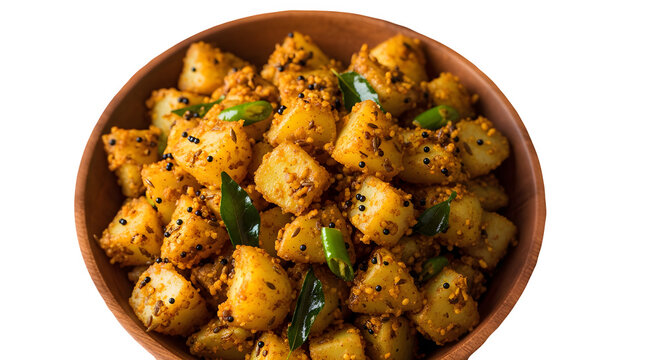 Spicy Indian Bombay Potatoes Jeera Aloo with Curry Leaves and Cumin Seeds in a Wooden Bowl,Generative AI.
