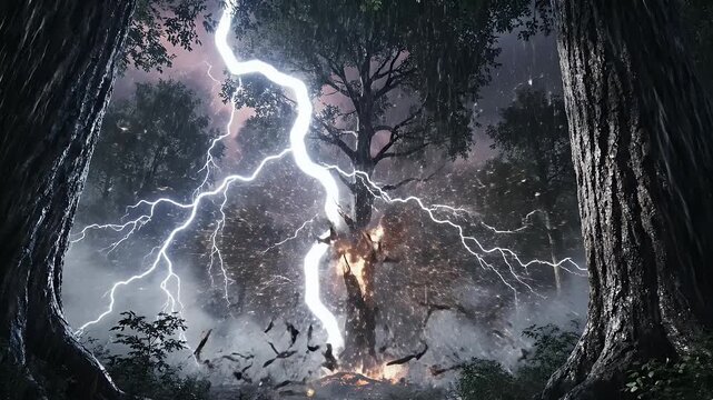 A dramatic scene depicts a lone tree struck by lightning during a stormy night in a dense forest.