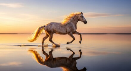 Fototapeta premium Stunning white Arabian horse running majestically through shallow water at sunrise, with a perfect reflection, symbolizing freedom and power.