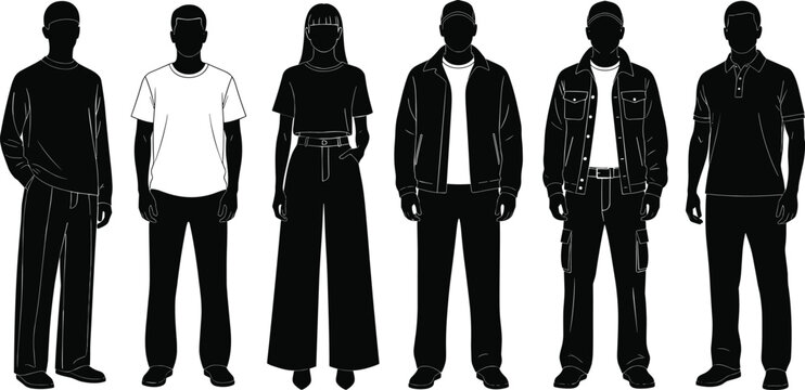 Group of Young People Silhouettes Wearing Casual Urban Streetwear Outfits Standing in a Row Isolated on White Background for Fashion Design Concept