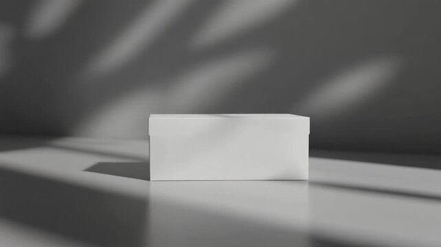 Minimalist studio shot of a white rectangular object casting a shadow on a light surface, with dappled light overhead