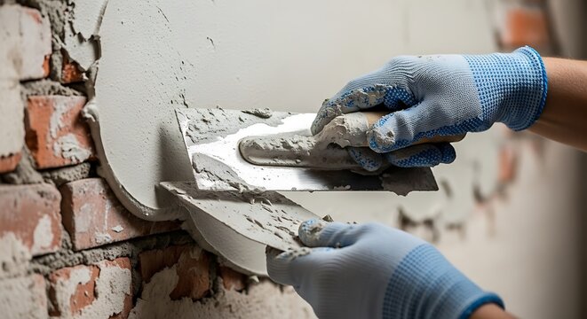 Skilled craftsman spreading cement mixture on wall using trowel tools