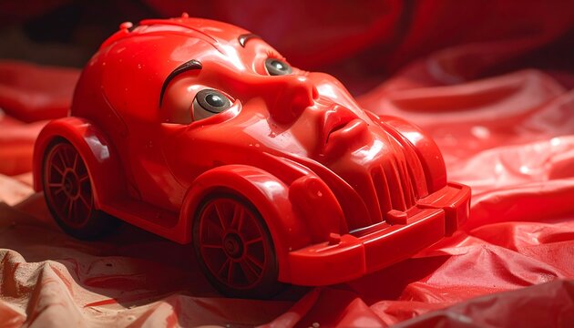 A red toy car with a human-like face sits on crumpled red fabric