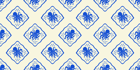 Stoffe zum Nähen Octopus animal seamless pattern. Summer background drawing design. Beach vacation travel concept. Mosaic tile hand drawn backdrop illustration.