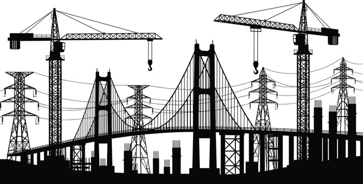 Industrial bridge construction site silhouette with cranes power lines and engineering structures isolated on white background for urban infrastructure development project