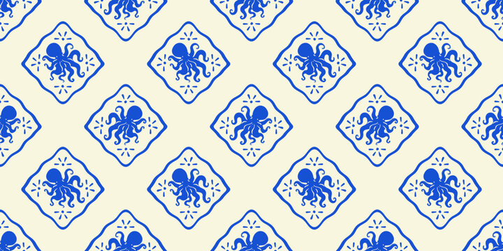 Octopus animal seamless pattern. Summer background drawing design. Beach vacation travel concept. Mosaic tile hand drawn backdrop illustration.