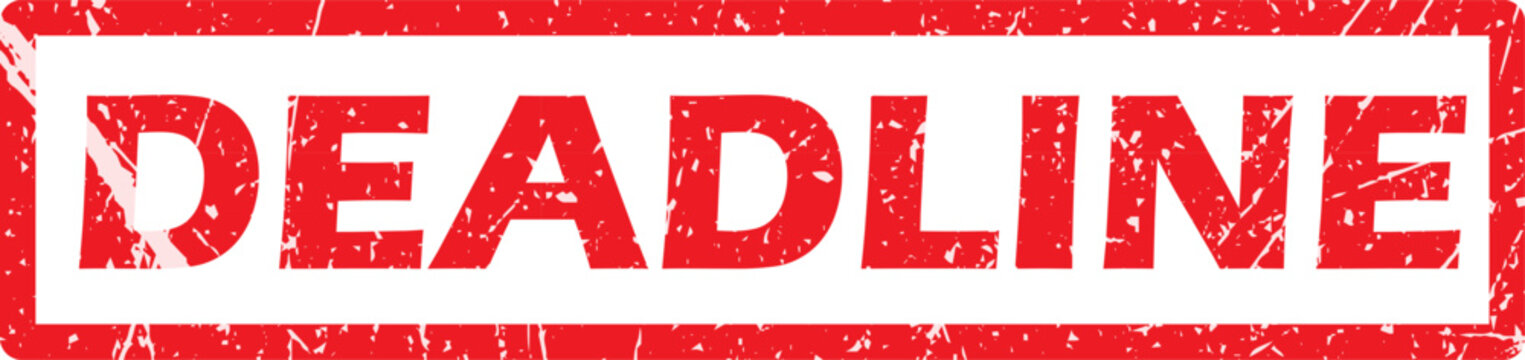 Red deadline rubber stamp with grunge texture, distressed rectangular ink seal for business urgency, weathered office stamp vector