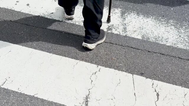 Elderly Person Using a Walking Cane on a Tokyo Crosswalk