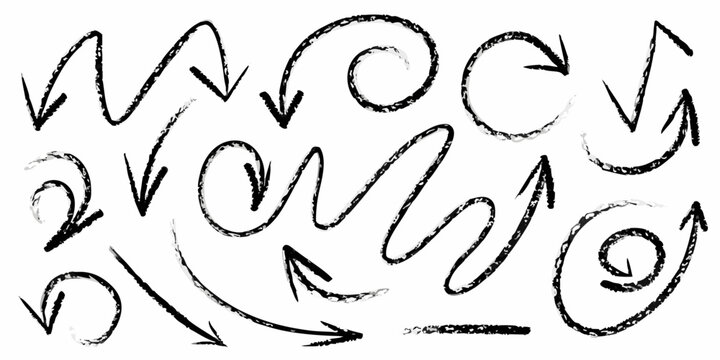 Collection of hand drawn arrows and circular flow symbols on white