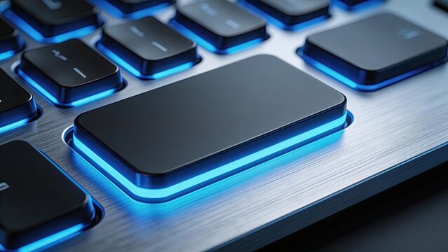 Futuristic computer keyboard key with glowing blue neon light effect close up macro view of high tech input device digital interface concept modern technology background 3d render
