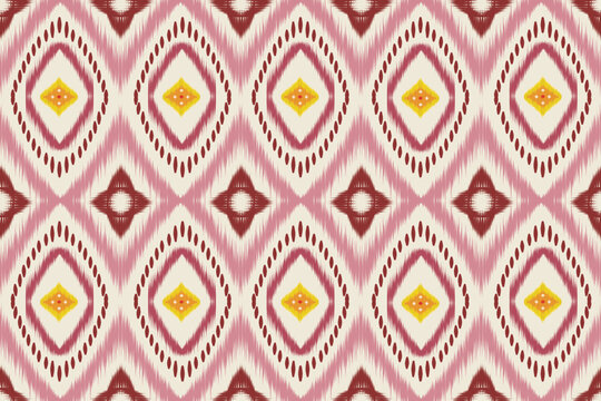 Vector seamless Ikat pattern design. Featuring intricate layered diamond motifs in pink, deep maroon, and bright yellow accents. This ethnic textile-inspired design offers a beautiful woven effect.