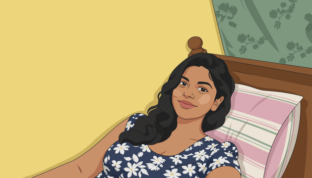 Young woman relaxing on cozy bed with floral pajamas in bright bedroom, cheerful morning lifestyle