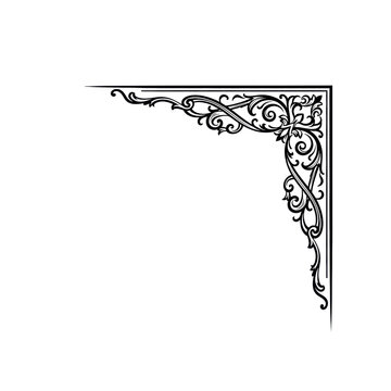 An elegant black vector illustration of a corner border element with intricate scrollwork and sharp lines, forming a precise right angle on a transparent background with abundant negative space.