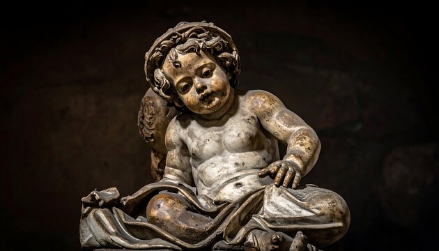 Close-up of a classical sculpture of a cherubic child in dark setting
