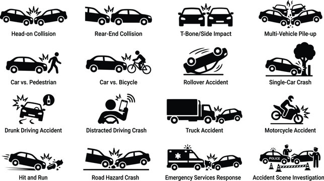 Vector illustration set of ants and a collection of transportation icons featuring a car, truck, and bus silhouette design