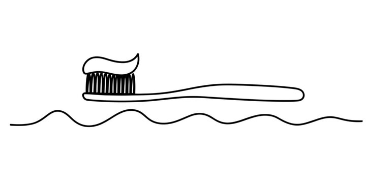 A simple black and white line drawing of a toothbrush with a blob of toothpaste on the bristles Vector, illustration