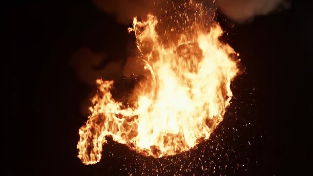 A bright orange flame burns intensely with glowing embers flying through the air in a dark environment