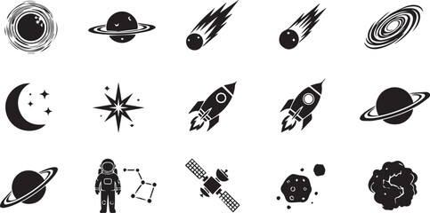 Space Exploration and Astronomy Vector Icon Set Featuring Planets Rockets Astronaut and Celestial Bodies © LaboniAkter