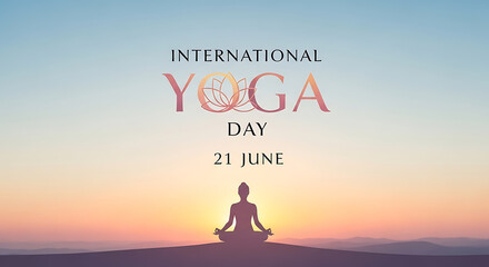 Fototapeta premium International Yoga Day Celebration with Meditating Silhouette at Sunset, Promoting Peace and Wellness on 21 June