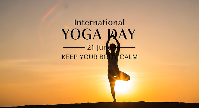 International Yoga Day celebration featuring a serene silhouette of a person practicing yoga in tree pose at sunset.