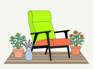 Fototapeta premium Mid-Century Modern Armchair Illustration with Potted Houseplants and Flowers