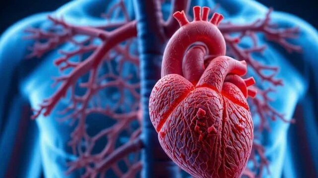 Detailed 3D illustration of a human heart showing arteries and veins with a translucent blue view of the upper body"s circulatory system in the background. video