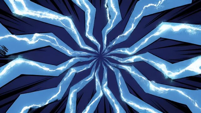 An abstract burst of icy blue shards radiates from a central point, creating a dynamic and visually striking composition.