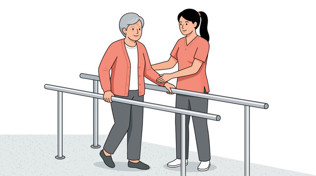Senior Woman Performing Physical Therapy with Nurse on Parallel Bars for Rehabilitation and Mobility Support