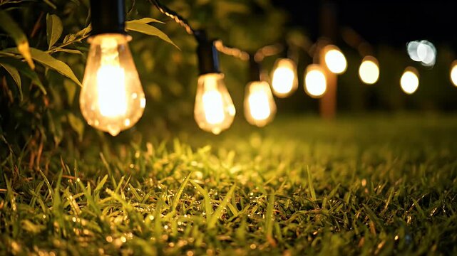 Warm glowing string lights illuminate a lush green lawn at night.