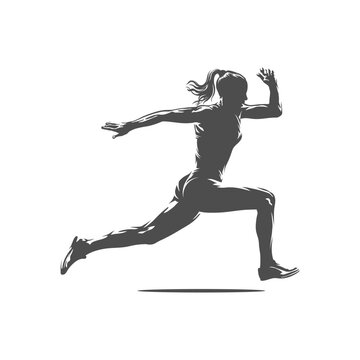 Female Runner Silhouette Side View Isolated on White Background