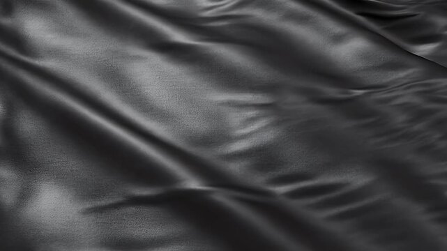 A close-up shot showcases the luxurious texture and subtle folds of a black silk fabric, highlighting its smooth surface and elegant drape.