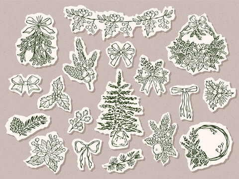 Christmas hand-drawn botanical doodle set with holly, mistletoe, pine branches, wreaths, and festive foliage in vintage paper collage style. Ideal for holiday cards, packaging, and vector designs