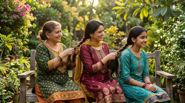 Three generations of women braiding hair in a serene garden setting