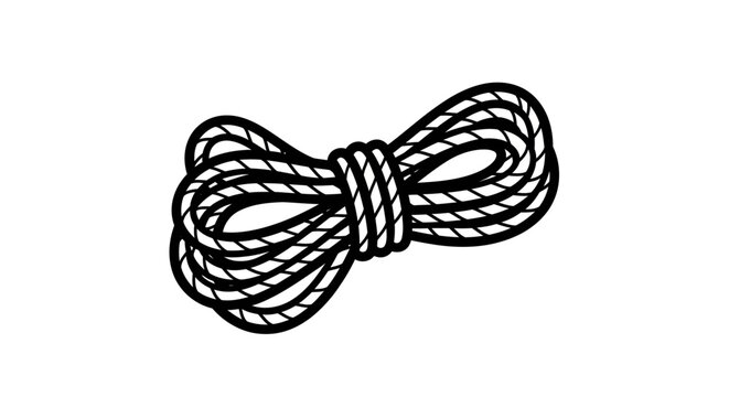 A coiled climbing rope with a black-and-white pattern lies neatly tied on a plain background.